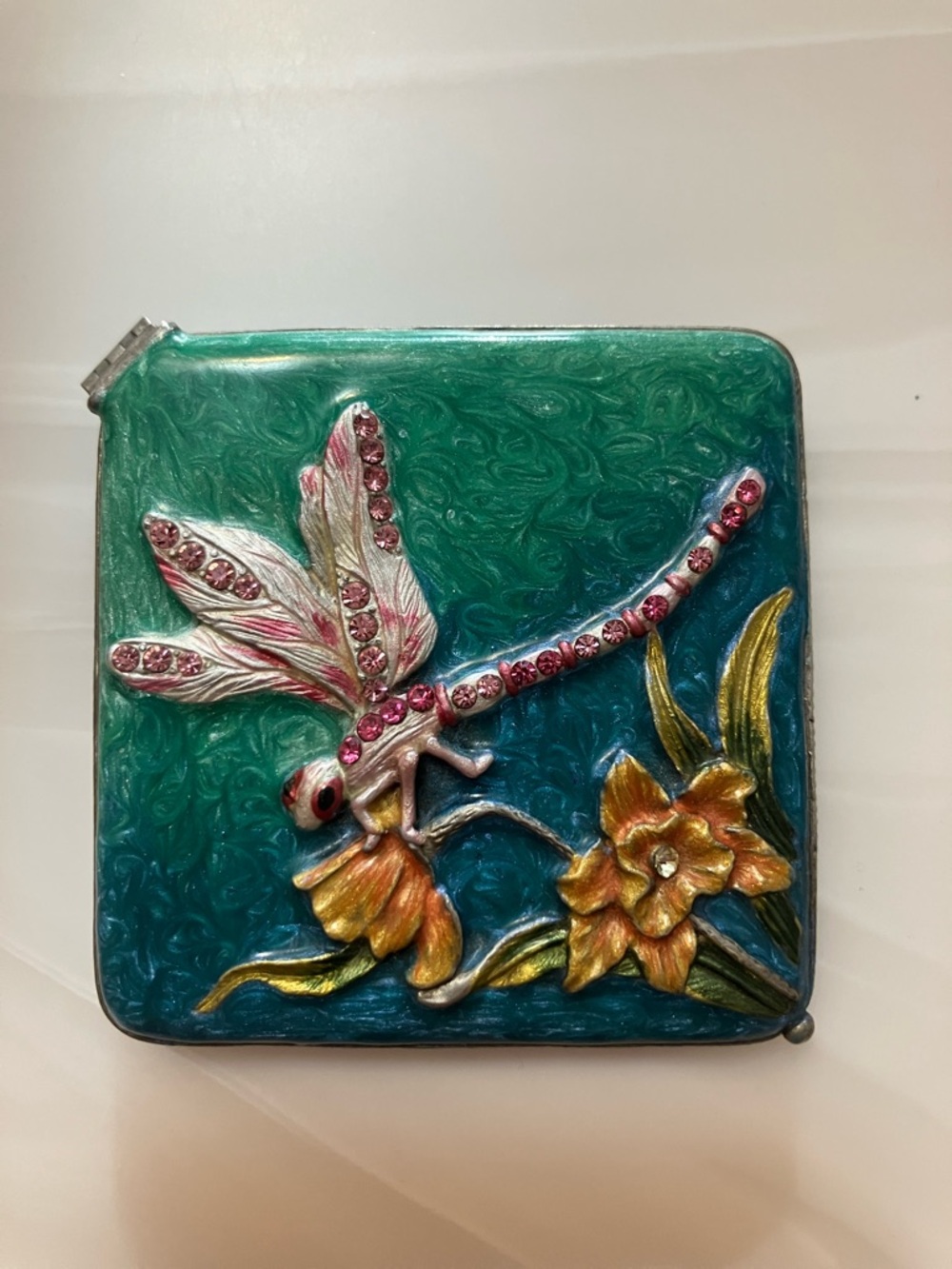 Ornate Dragonfly Compact Mirror - Green and Gold Decorative Accent